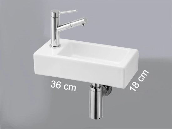 Lave-mains pour toilettes, suspendu et compacte, en céramique blanche, Largeur 36 cm, Profondeur 18 cm, Hauteur 9 cm, Livraison 5-7 jours OFFERTE.
